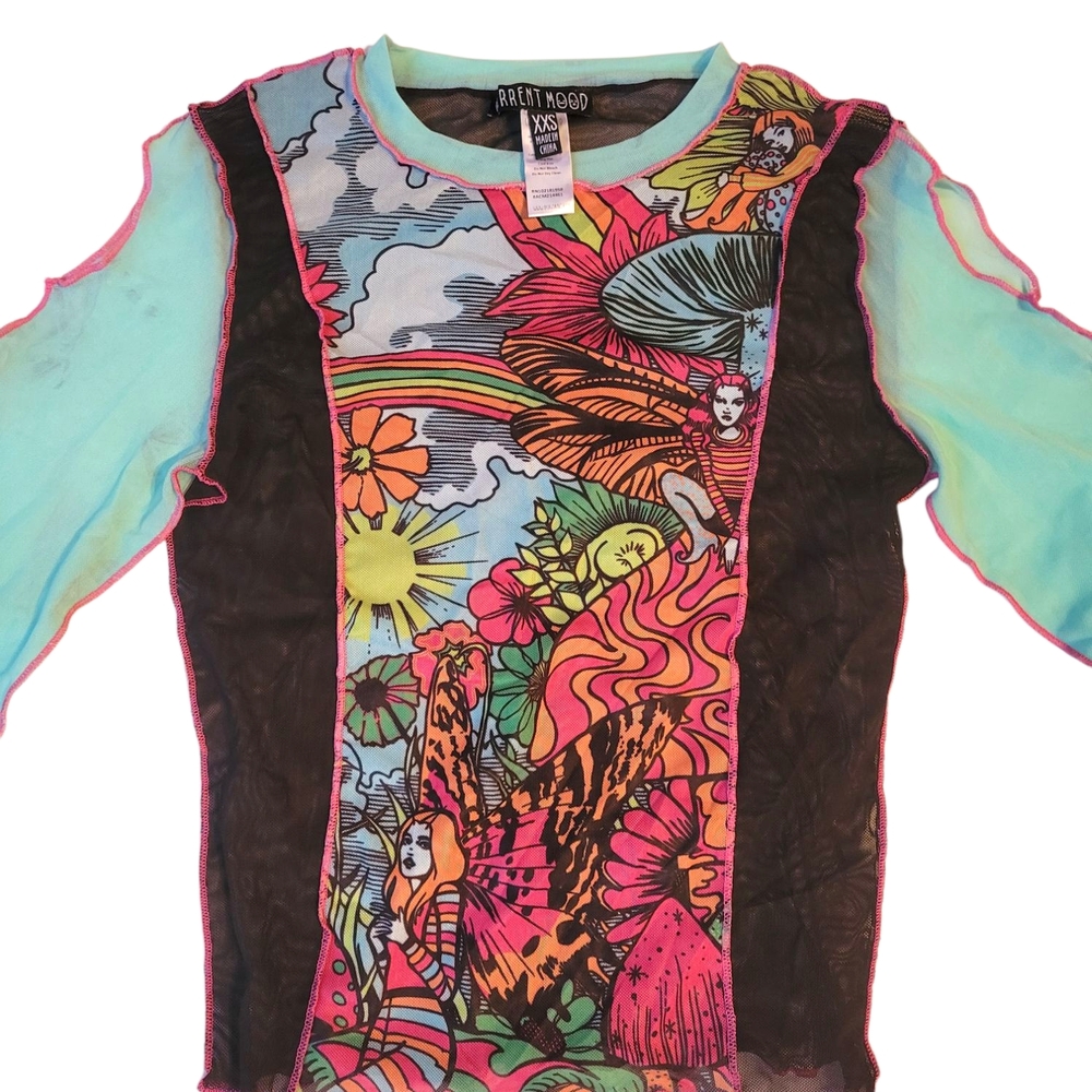 Current Mood Trippy Fairy Mushroom Mesh Cut Out Top